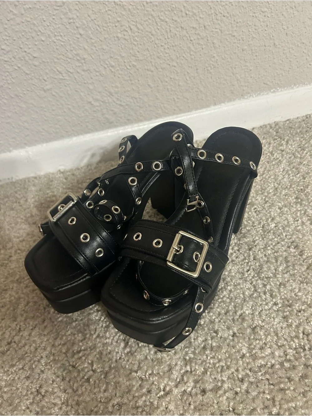 Black Platform Studded Block Heel Sandals - Women's